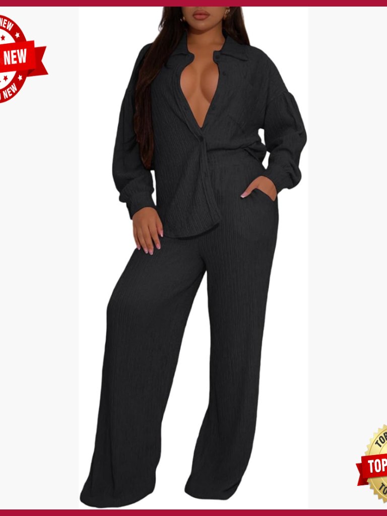 Polyester Pleated Matching Set Long Sleeve Shirt Wide Leg Pants Lounge Wear